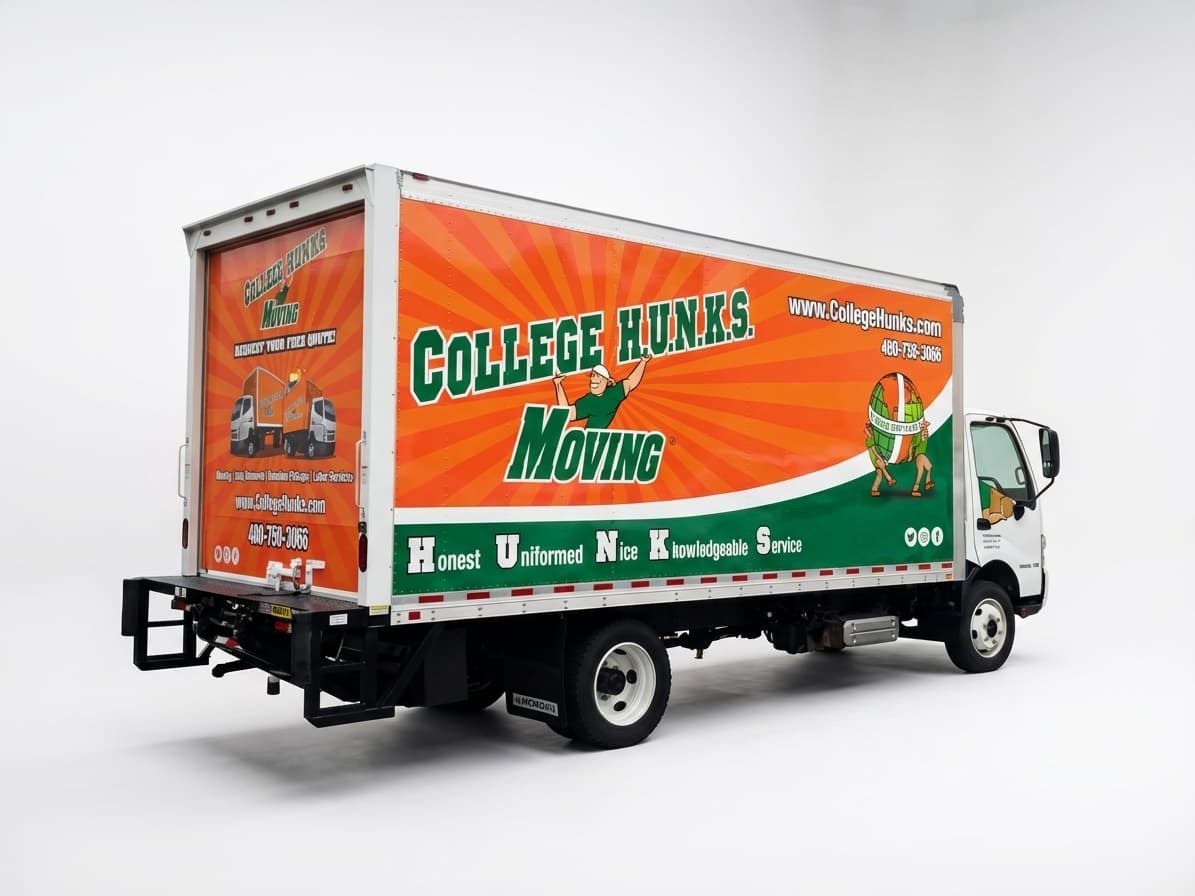 College Hunks Moving truck with a vibrant orange and green full vehicle wrap against a white background.
