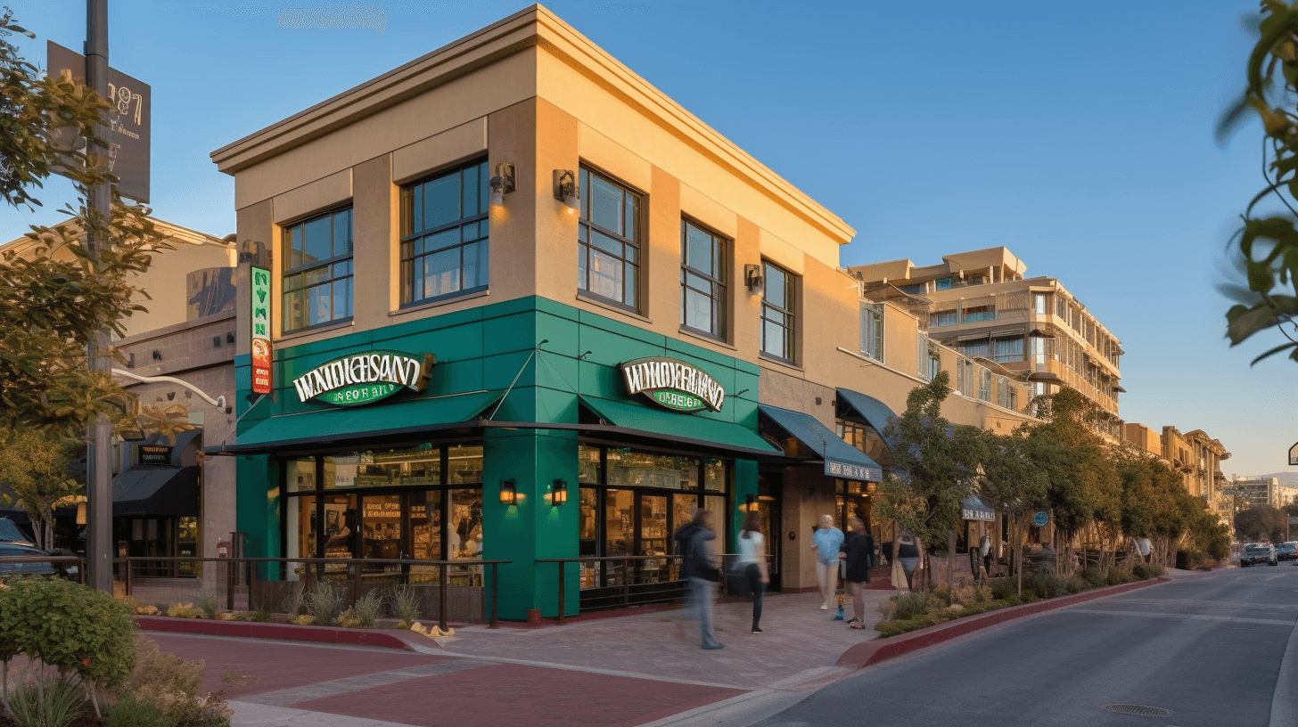 Exterior shot of a corner commercial building with teal retail storefronts and dimensional signs.