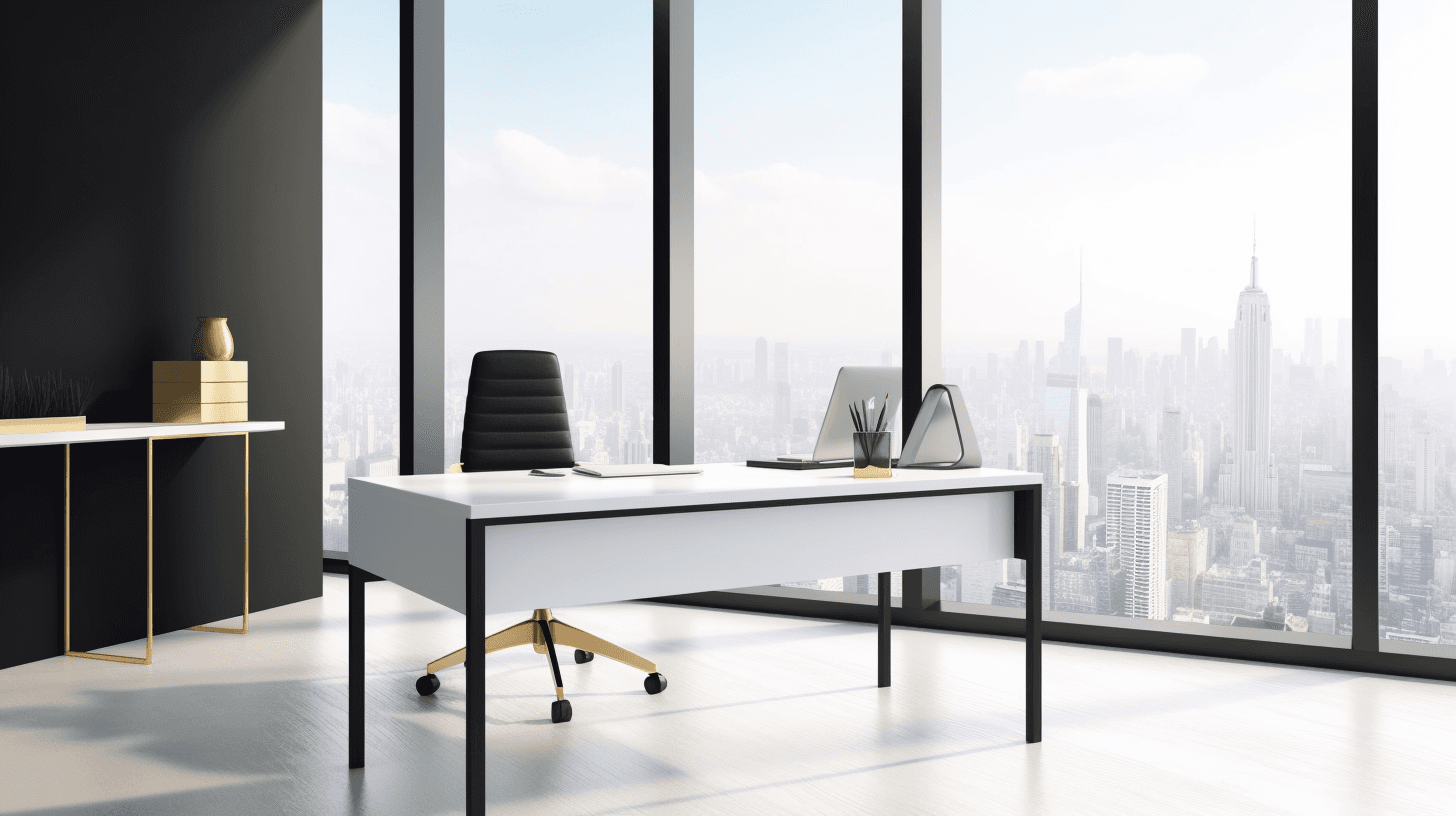 A modern corner office with a desk, chair, and large windows overlooking a city skyline.