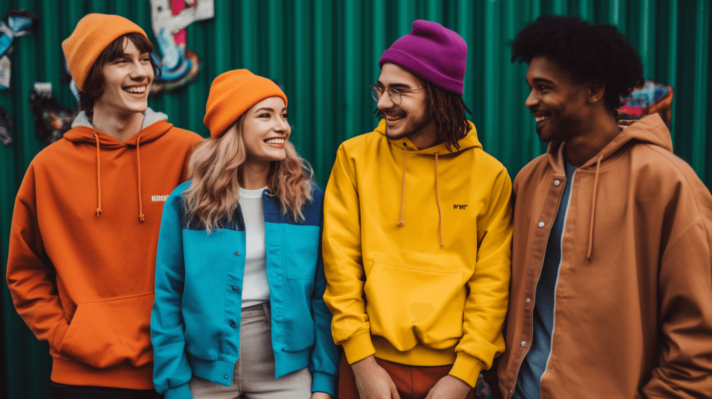 Branded streetwear apparel on four young adults posing against a green industrial wall with fabric art.
