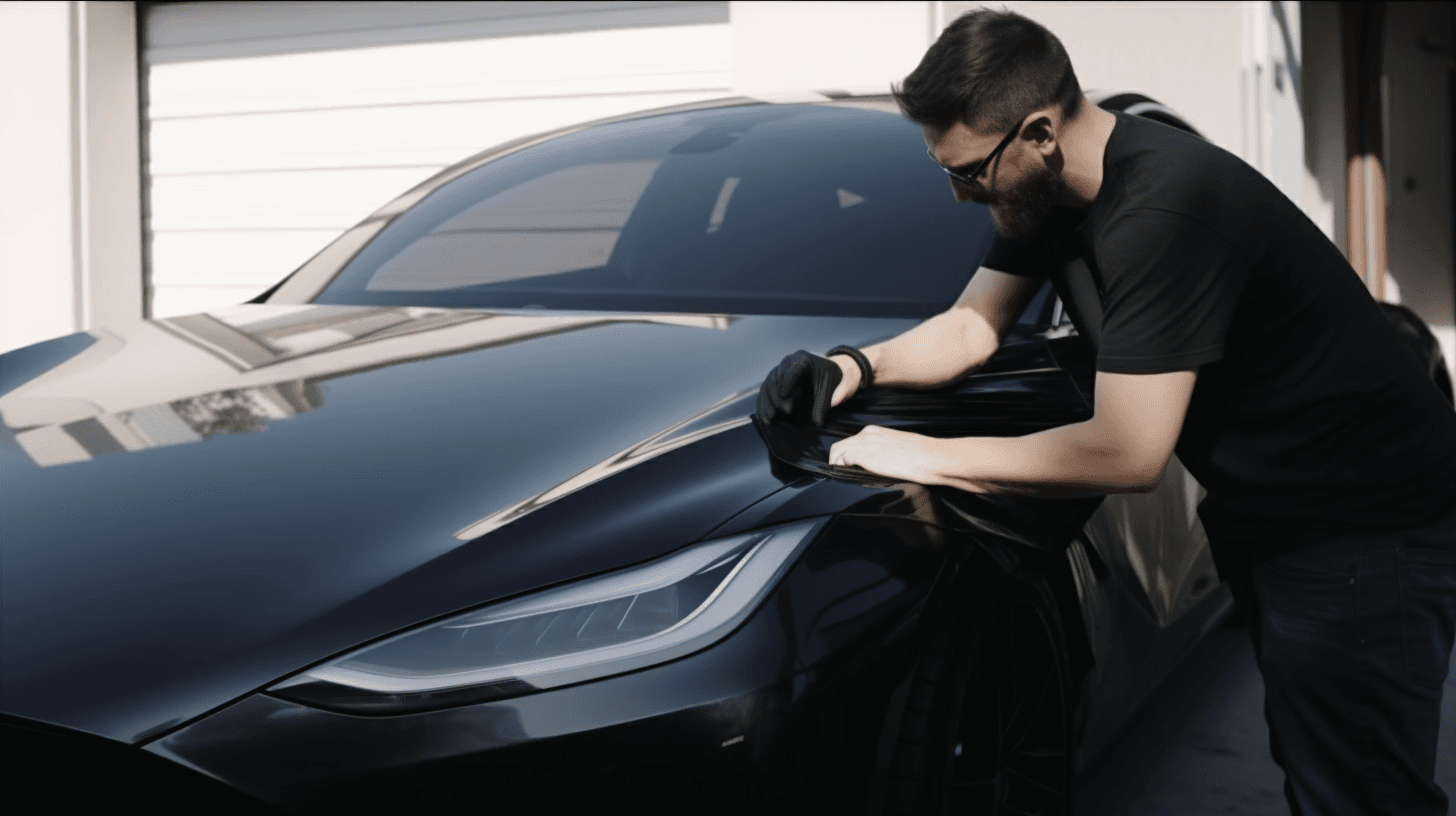 A man in black gloves carefully applies black vinyl wrap to the front hood of a dark luxury car.