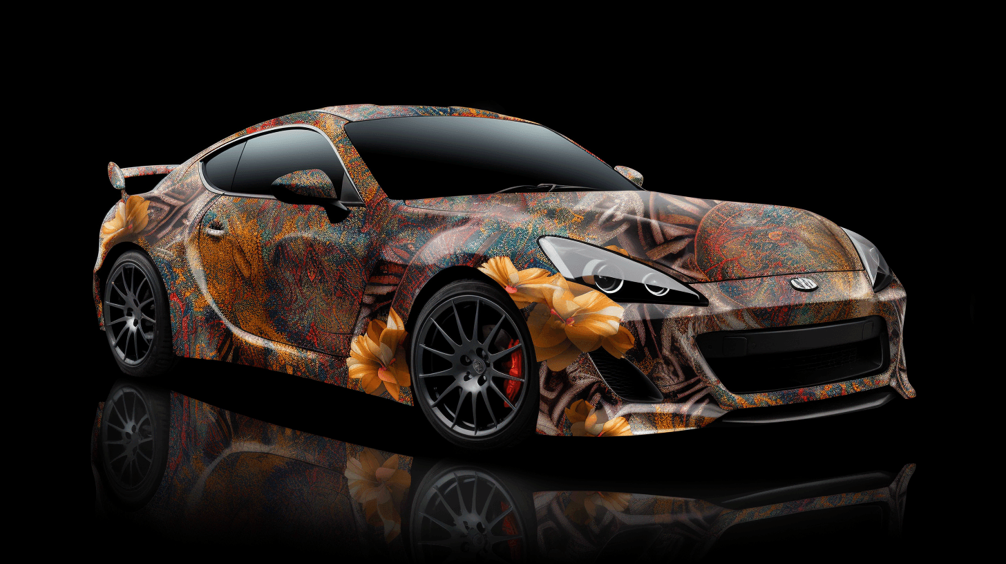 A studio photo of a sports car with an intricate, multi-colored patina and floral pattern vinyl wrap.