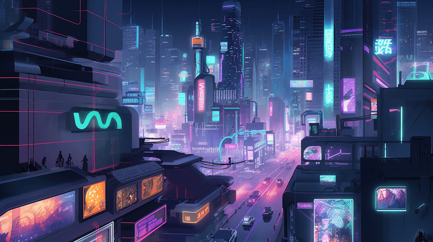 A detailed illustration of a futuristic, neon-lit city street at night, packed with diverse illuminated signs and digital screens.