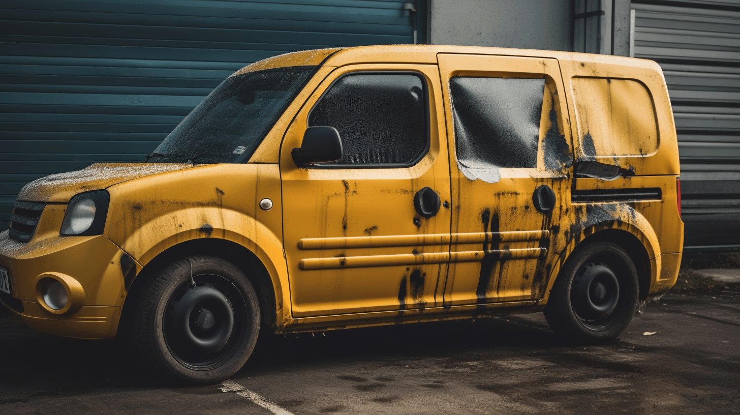 A heavily soiled yellow small panel van parked in an industrial lot.