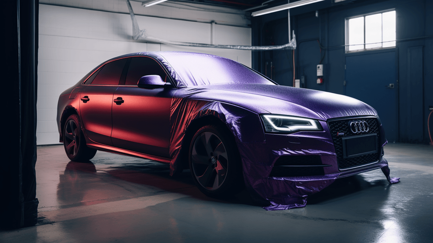 An Audi car in a garage with a metallic purple and red color-shifting vinyl wrap partially applied.