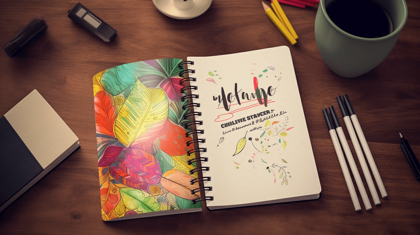 An open spiral notebook on a wooden desk showing a colorful leaf illustration and hand-lettered text.