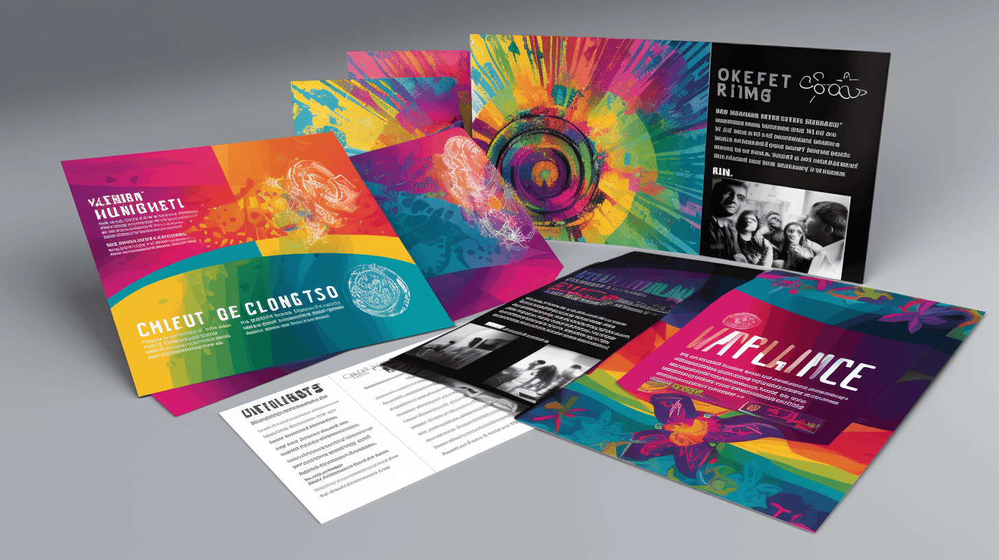 Mockup of colorful printed brochures, folders, and inserts with abstract graphic designs.
