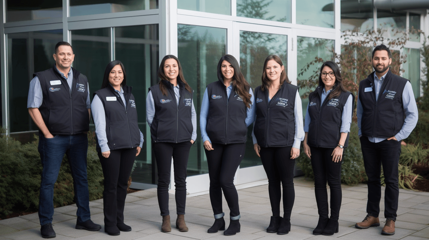 Seven professionals pose outdoors in matching black branded vests with embroidered logos.