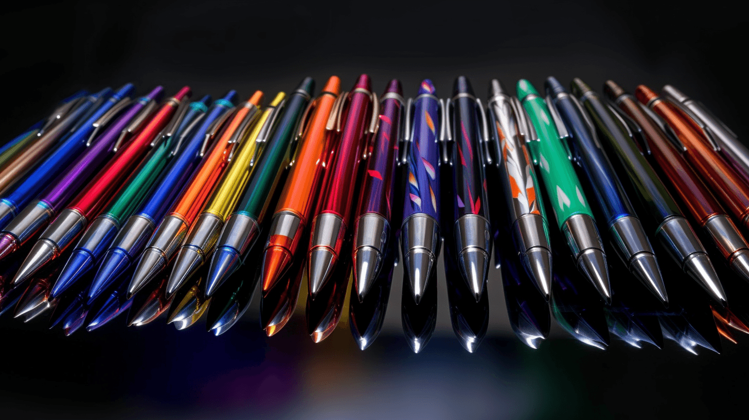 A semi-circle array of colorful promotional ballpoint pens on a black reflective surface.