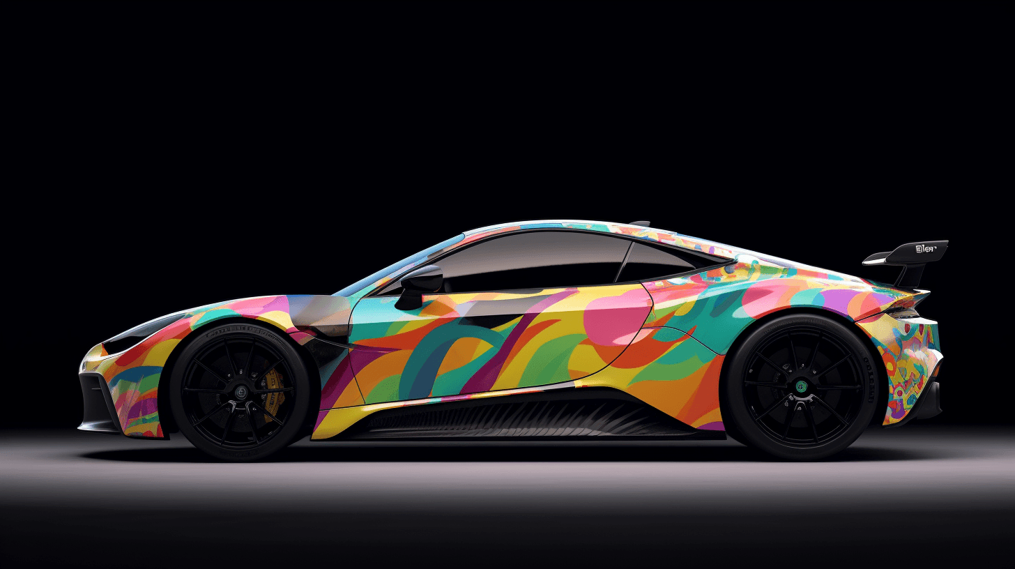 Side profile of a luxury supercar with a vibrant, abstract multi-color vinyl wrap against a dark background.