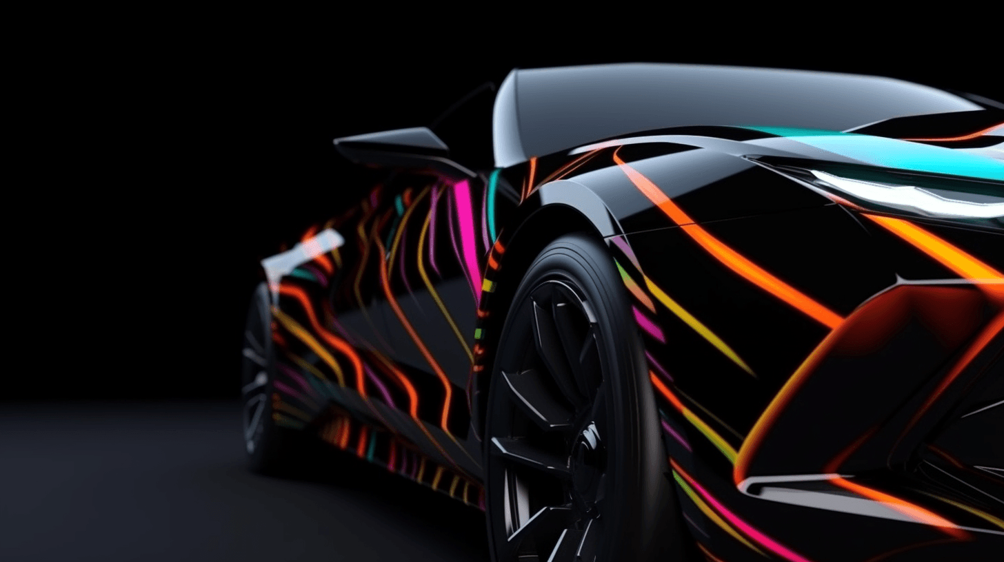 Close-up of a black sports car with glowing, wavy neon-colored lines applied as a vehicle wrap.