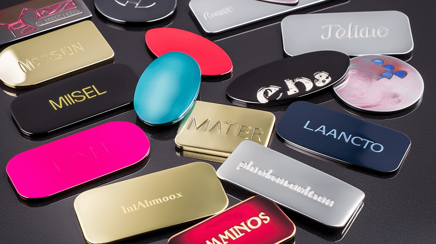 Various metal and acrylic nameplates and brand tags with engraved and printed logos.
