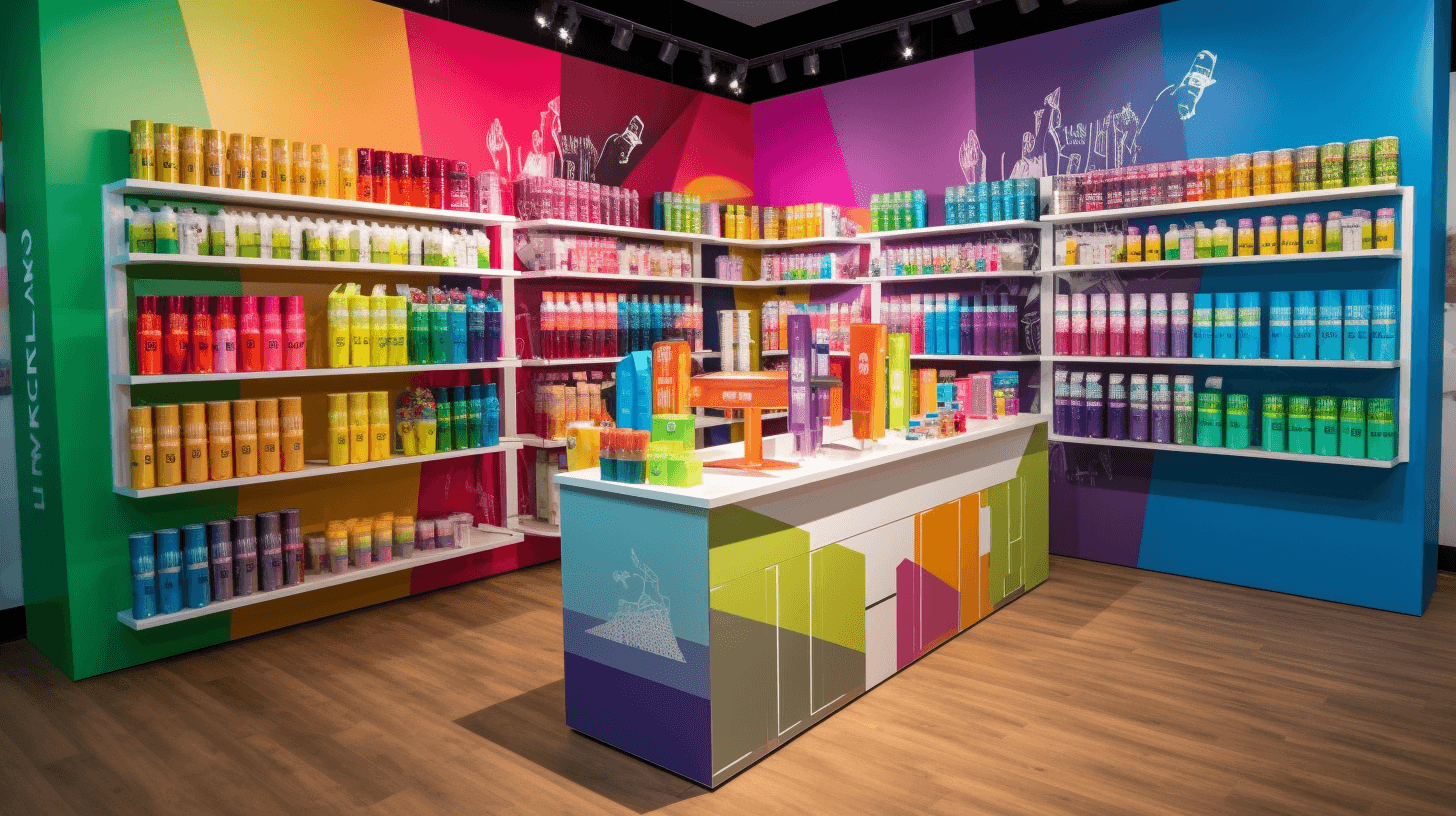 A vibrant retail store with colorful geometric wall graphics, shelving for product bottles, and a branded checkout counter.