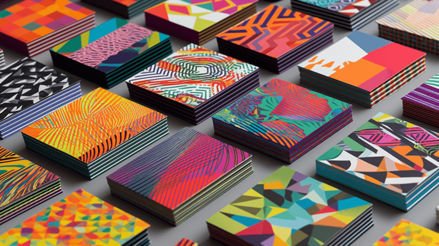 A high-angle view of multiple stacks of thick, richly-colored business cards with diverse abstract and geometric patterns.