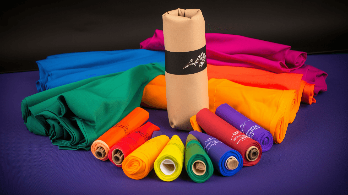 Assortment of vibrant colorful fabric rolls and bolts, including a branded central tan roll, in a studio setting.
