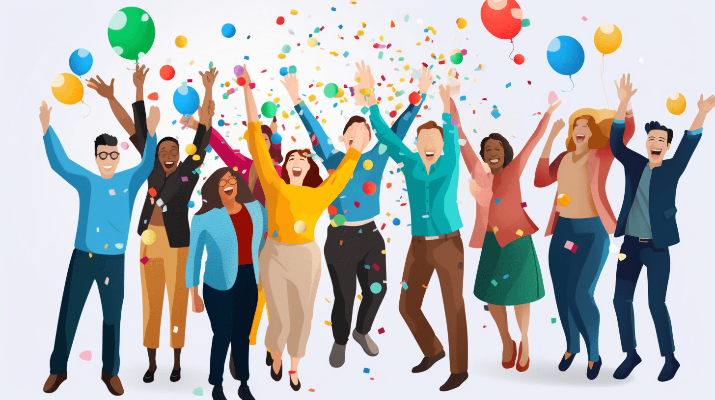 Vector illustration of a diverse group of people celebrating, jumping with raised arms amid falling confetti and balloons.
