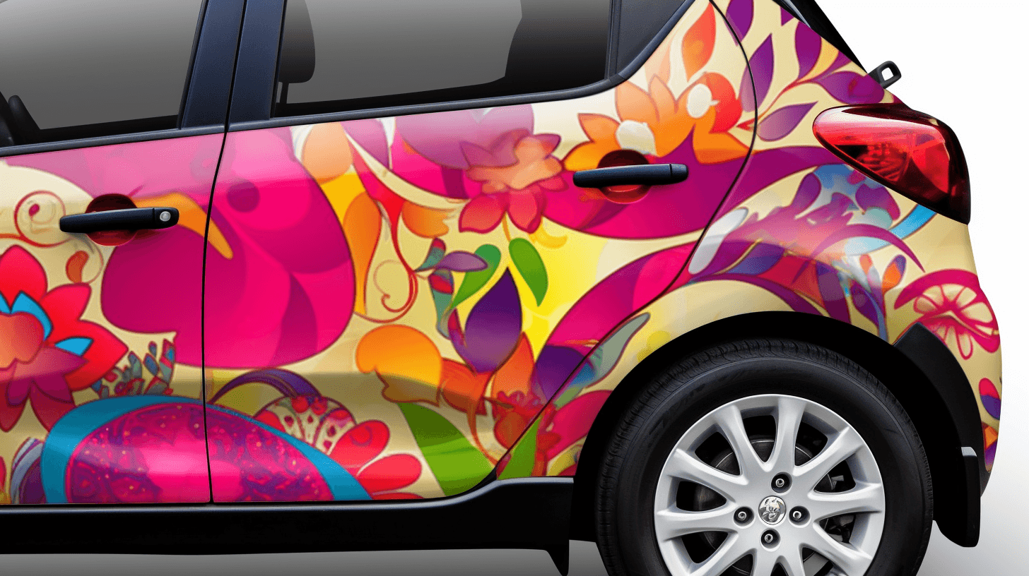 Close-up of a small car's rear passenger door covered in a vibrant, colorful floral and abstract vinyl vehicle wrap.