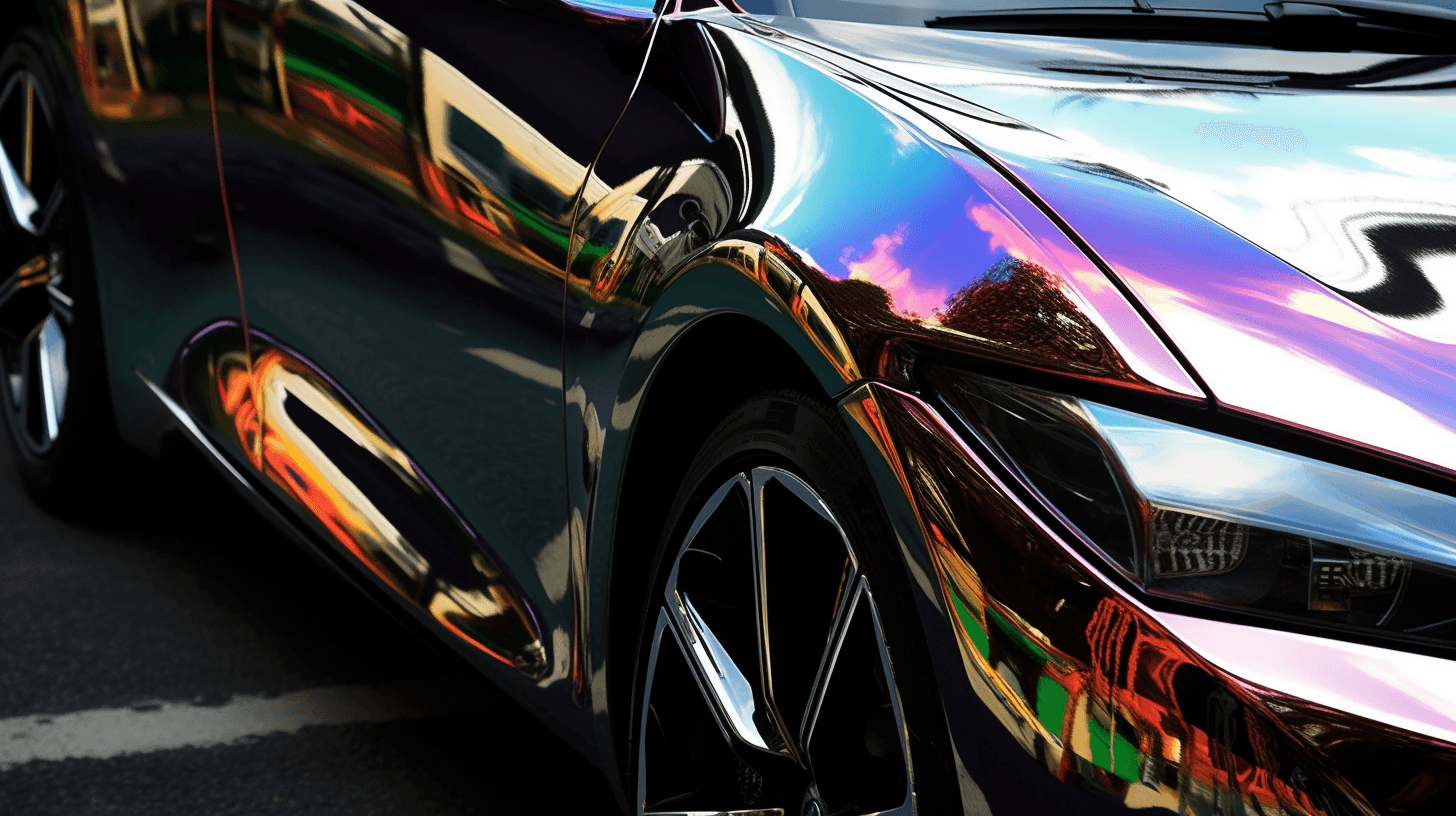 Close-up of a modern car with a highly reflective, iridescent purple and blue vehicle wrap reflecting surroundings.