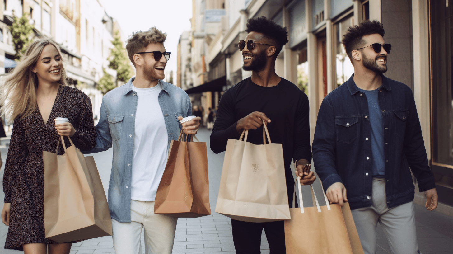 Four young adults walking happily down a city shopping street carrying paper bags and coffee.