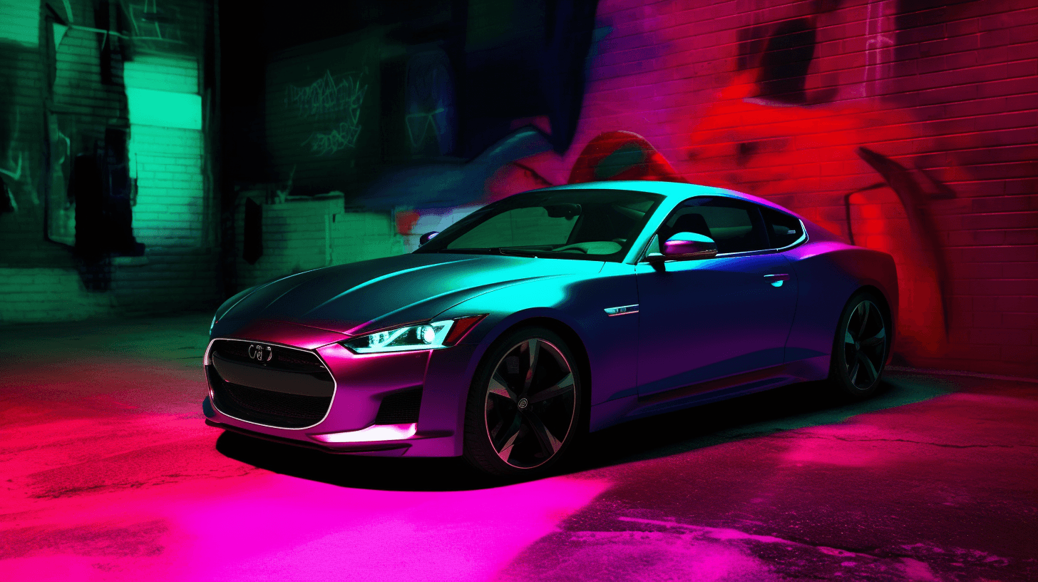 A modern sports coupe with a color-shifting teal-to-purple vinyl wrap parked in a dark, neon-lit urban alley at night.
